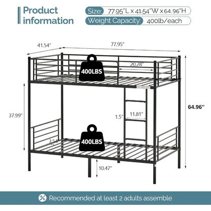 Bunk Bed Twin Over Twin for Kids/Teens/Adults Heavy Duty 2 Decker Bed with Flat Ladder and 13 inches High Guardrail,