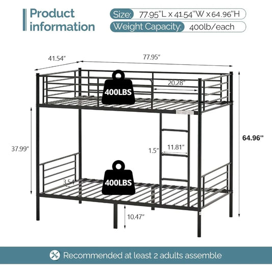 Bunk Bed Twin Over Twin for Kids/Teens/Adults Heavy Duty 2 Decker Bed with Flat Ladder and 13 inches High Guardrail,