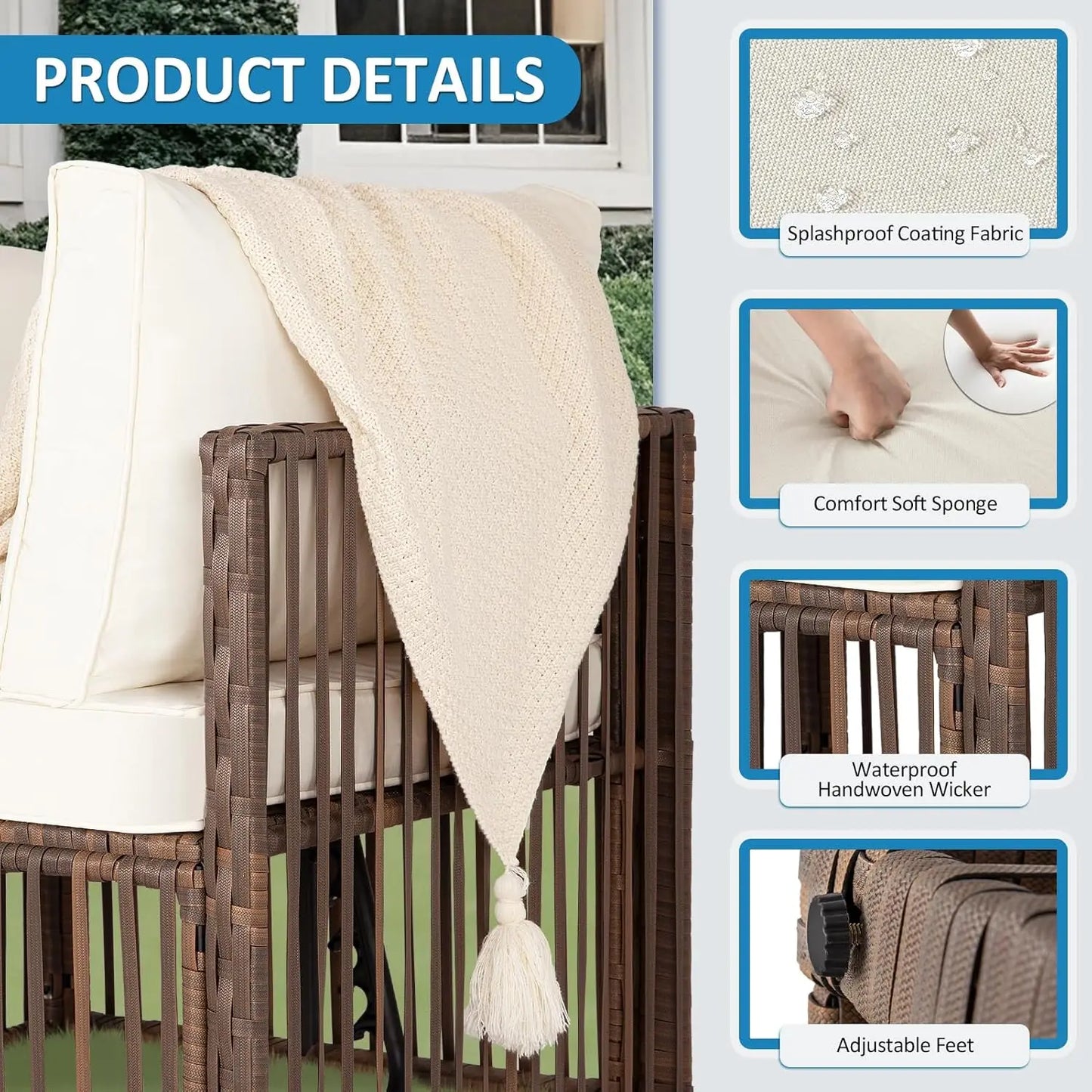 7 Pieces Outdoor Patio Furniture Set, Wicker Outdoor Sectional Conversation Couch Set with Adjustable Backrest Sofa