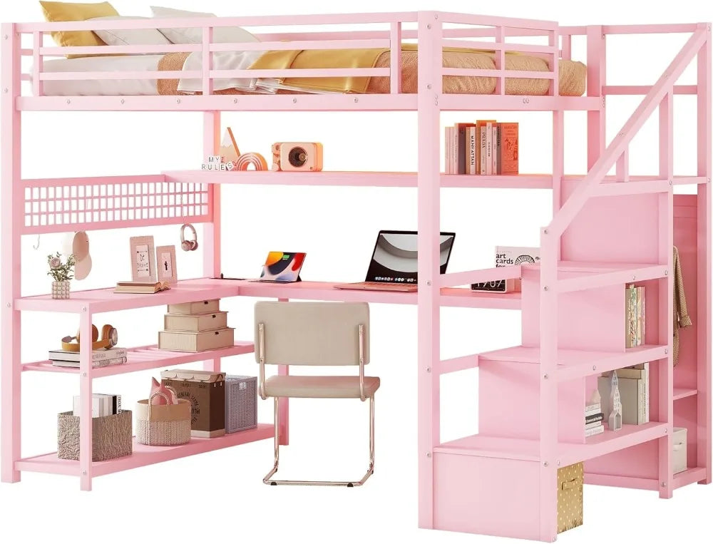 Full Size Loft Bed with LED Lights, Stairs, Desk & Storage for Adults Teens Kids Gaming Room Pink