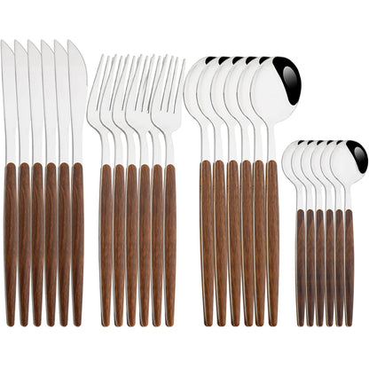 Drmfiy 24Pcs Brown Silver Dinnerware Stainless Steel Imitation Wooden Handle Silverware Knife Spoon Fork Cutlery Set Tableware