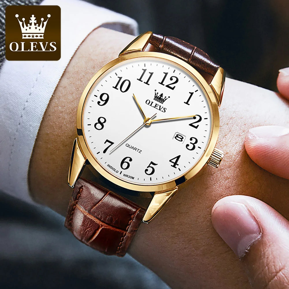 OLEVS Brand Fashion Quartz Watch for Men and Women Leather Strap Waterproof Original Watch Arabic Numeral Scale Giving to Elders
