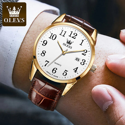 OLEVS Brand Fashion Quartz Watch for Men and Women Leather Strap Waterproof Original Watch Arabic Numeral Scale Giving to Elders
