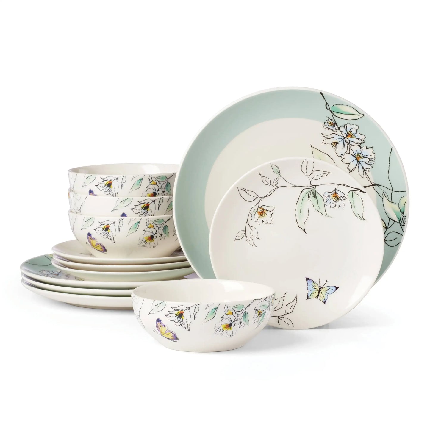 12-piece 4-person dinnerware set includes plates, bowls, cups, and durable cutlery for everyday dining and entertaining
