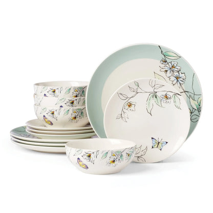 12-piece 4-person dinnerware set includes plates, bowls, cups, and durable cutlery for everyday dining and entertaining