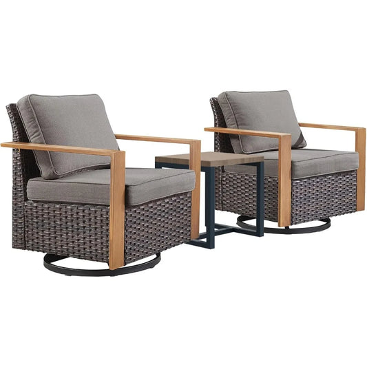 Outdoor Patio Swivel Rocker Chairs - 3 Piece Wicker Patio Furniture Bistro Set with 2 Swivel Rocking Chairs and 1 Metal Side Tab