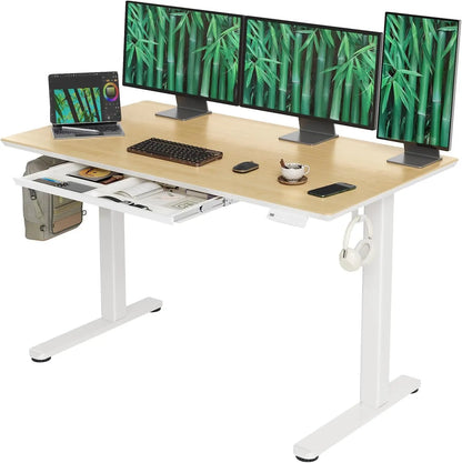 Glass Standing Desk with Drawers, 55×24 Inch Adjustable Stand Up Desk Quick Install Home Office Computer Desk, White