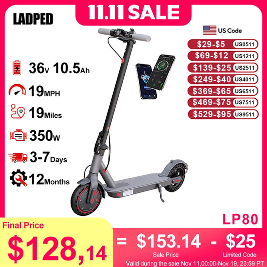 LADPED Electric Scooter 350W 19mph APP Smart Scooter Shock-absorbing Anti-skid ‎8.5 Inches Folding waterproof Electric Scooter