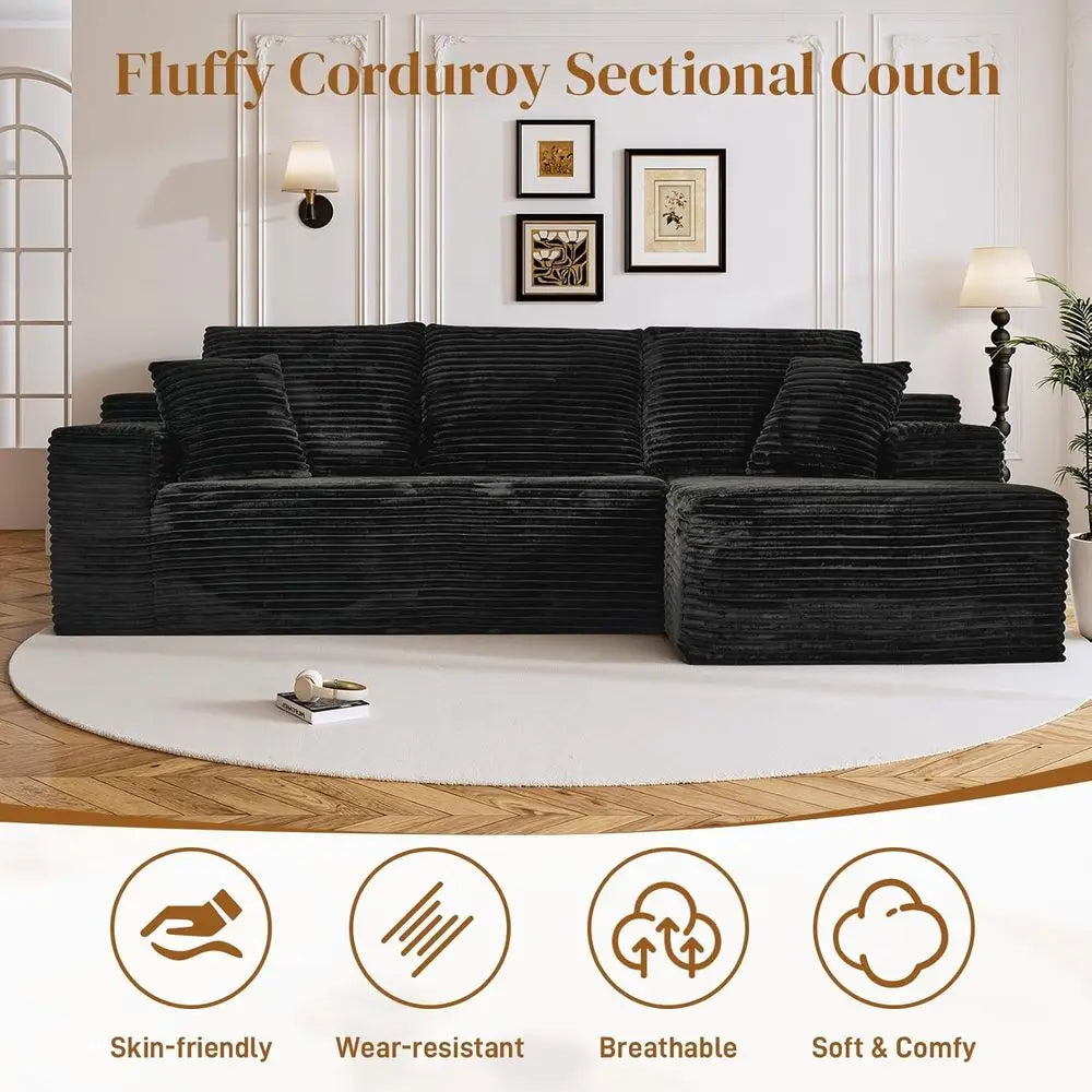 108" L Shaped Boneless Sectional Couches for Living Room, Comfy Corduroy Floor Cloud Sofa with Chaise, Wide Armrest, Deep Seat,
