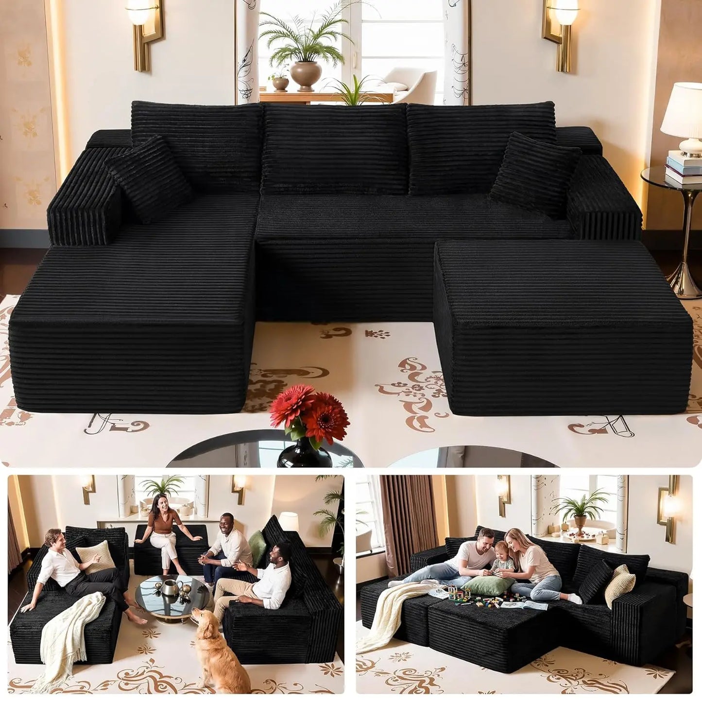 No Assembly Cloud Modular Sectional Sofa，108" U-Shape Corner Couch with Ottoman - Plush Corduroy, Deep Seating,Customized