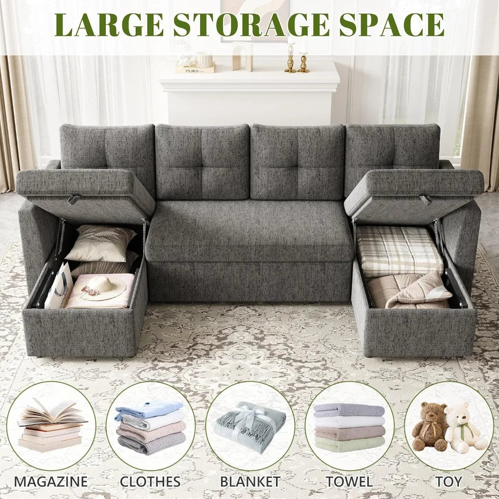 Oversized Sleeper Sofa Couch, 110 inch 2 in 1 Pullout Couch Bed with Double Storage Chaise, Sectional Sleeper Sofa Bed with Side