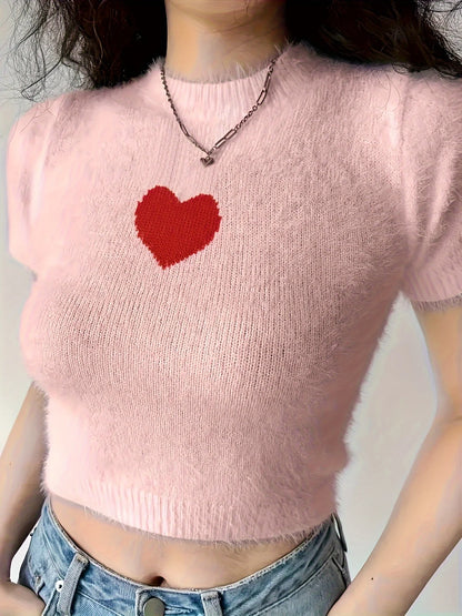 Autumn and Winter New Fashion Woman Sweater Fitted Crew Neck Heart Jacquard Fleece Short Sleeve Pullover Knit Top