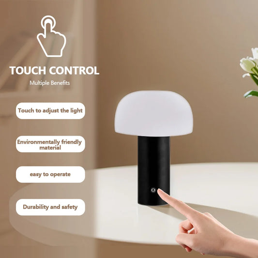 LED Mushroom Table Lamp Cordless Table Lamp USB Rechargeable Touch Lamp 3 Color Stepless Dimmable for Bedroom Living Room