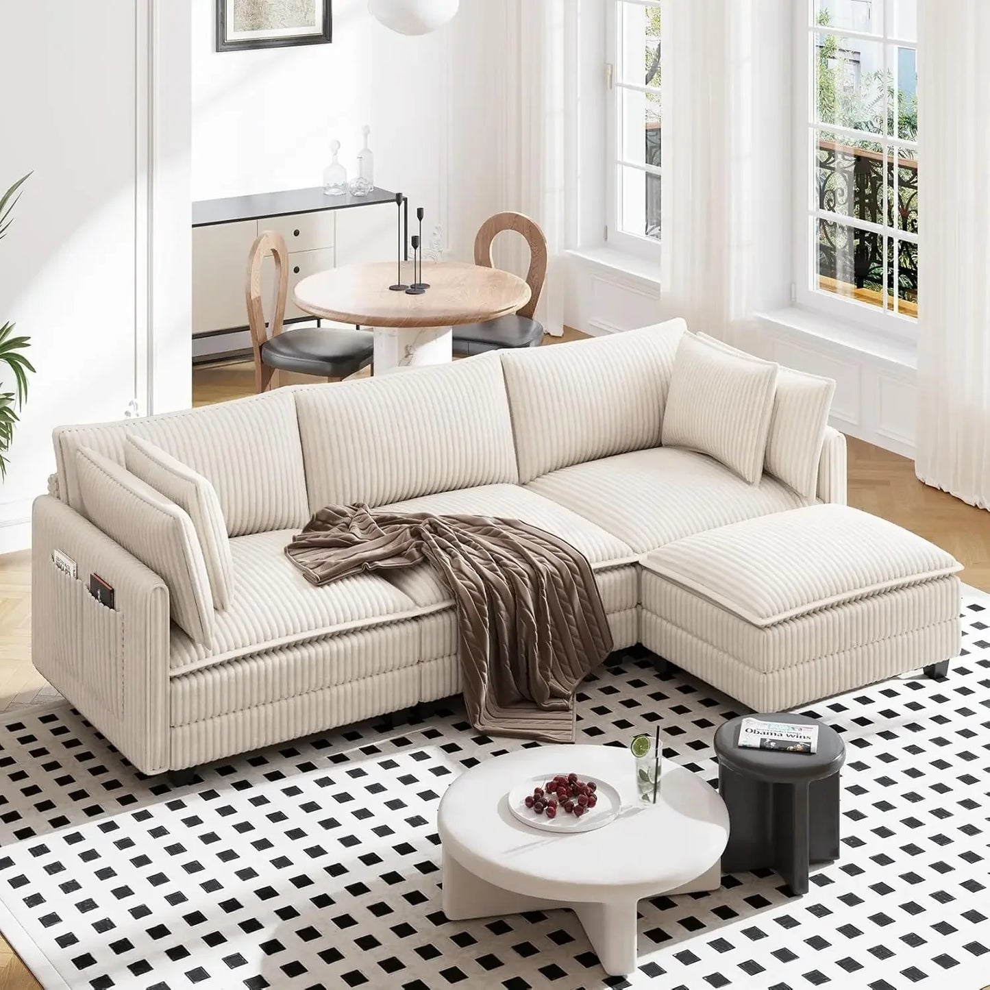109" L Shaped Cloud Sectional Couch, Comfy Corduroy Upholstered Modular Couches for Living Room, Modern 3 Seater, Customized