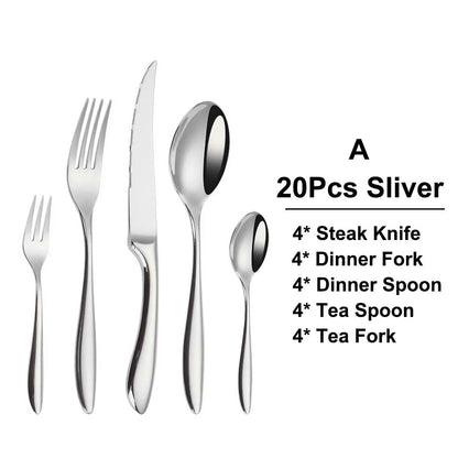 6/16/20/24Pcs Sliver Tableware Stainless Steel 304 Cutlery Set Mirror Knife Fork Spoon Western Dinner Set Smooth Handle Flatware