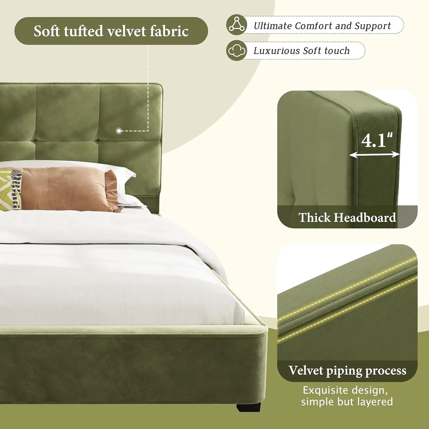 King Size Velvet Bed Frame with Curved Tufted Headboard, Wooden Platform Bed Frame with Soft Square Corners, Heavy, Customized