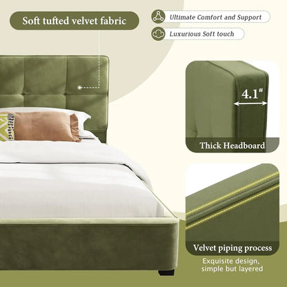 King Size Velvet Bed Frame with Curved Tufted Headboard, Wooden Platform Bed Frame with Soft Square Corners, Heavy, Customized
