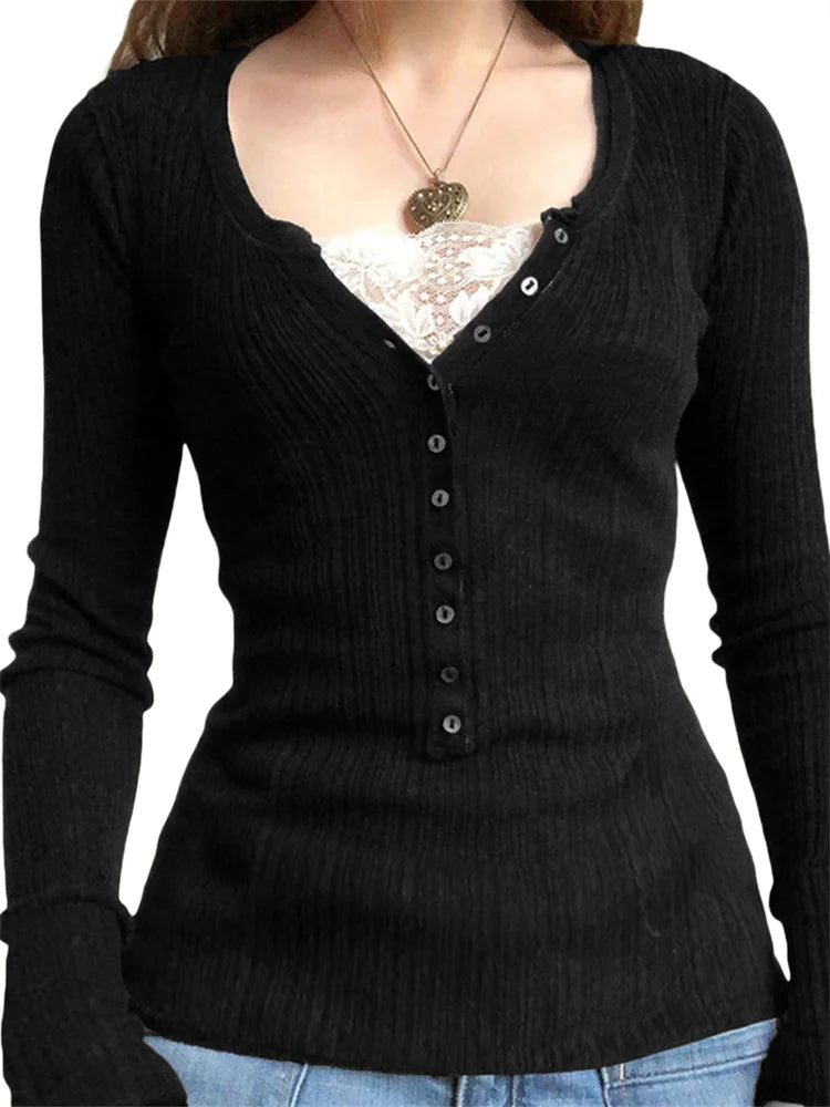 Women Button Front Knit Tops Long Sleeve Lace Patchwork Slim Fit Sweater Fall Fairy Grunge Gothic Y2K Clothes