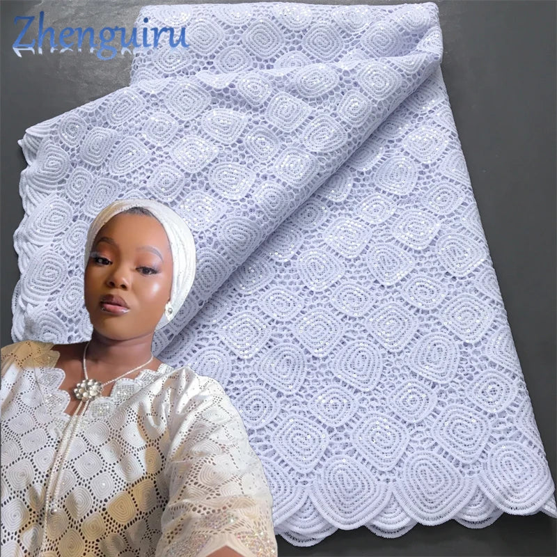 Pure White Nigerian Guipure Lace Fabric 2025 High Quality Water Soluble African Sequin Cord Lace Fabric for Party Dress Sew 4025