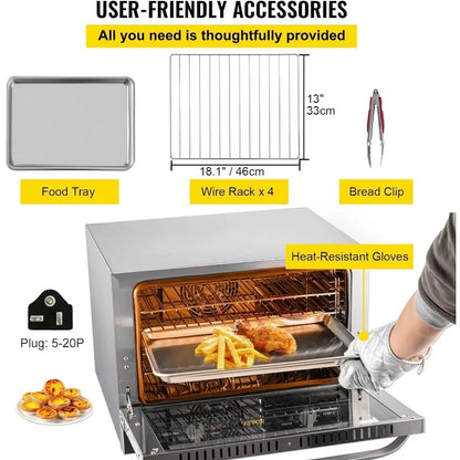 VEVOR Commercial Convection Oven, 66L/60Qt, Half-Size Conventional Oven Countertop, 1800W 4-Tier Toaster w/Front Glass Door