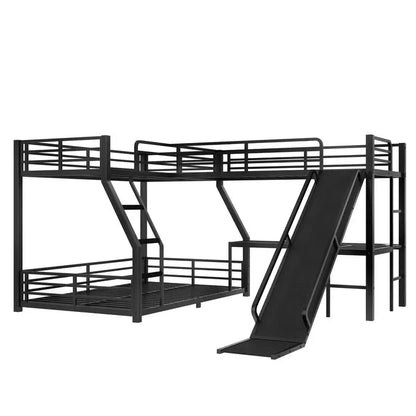 L-Shaped Twin over Full Bunk Bed with Loft, Metal Triple Bunk Bed with Slide, USB Ports, Space-saving, Noise-free Design, Black