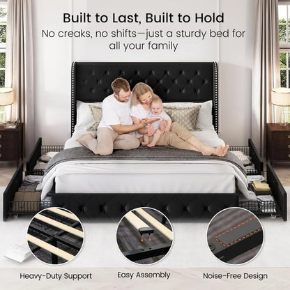 King Size Platform Bed Frame with Storage Drawers, Tufted Velvet Headboard, Easy Assembly, Black