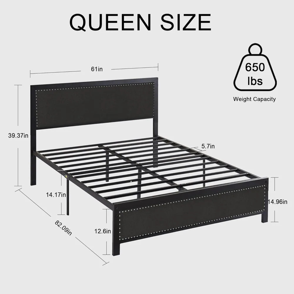 Queen Size Bed Frame with Upholstered Headboard, Heavy-Duty Platform w/Strong Metal Slats, No Box Spring Needed, Easy Assembly