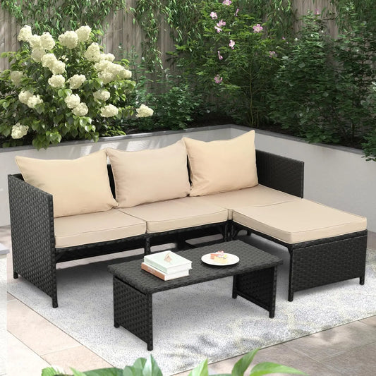 3-Piece Outdoor PE Rattan Furniture Set Patio Black Wicker Conversation Loveseat Sofa Sectional Couch Khaki Cushion