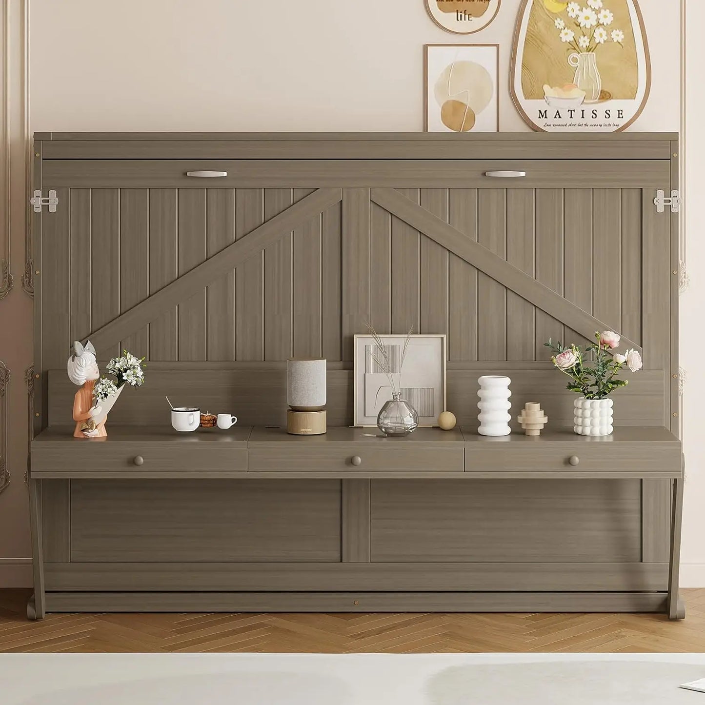 Queen Size Murphy Bed, Solid Pine Queen Murphy Bed Frame Chest Cube Cabinet with Charging Station and Large Storage Drawer for H