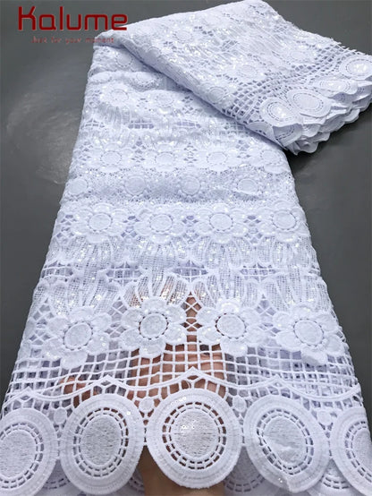 White African Guipure Cord Lace Fabric with Sequins 2025 High Quality Nigerian Guipure Cord Lace for Sewing Wedding Dress F4025