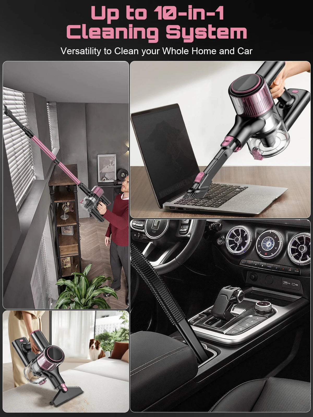 Cordless Vacuum Cleaner, 10 in 1 Stick Vacuum with 40Kpa Powerful Suction, Hose,Lightweight Rechargeable Vacuum Cleaner for Home