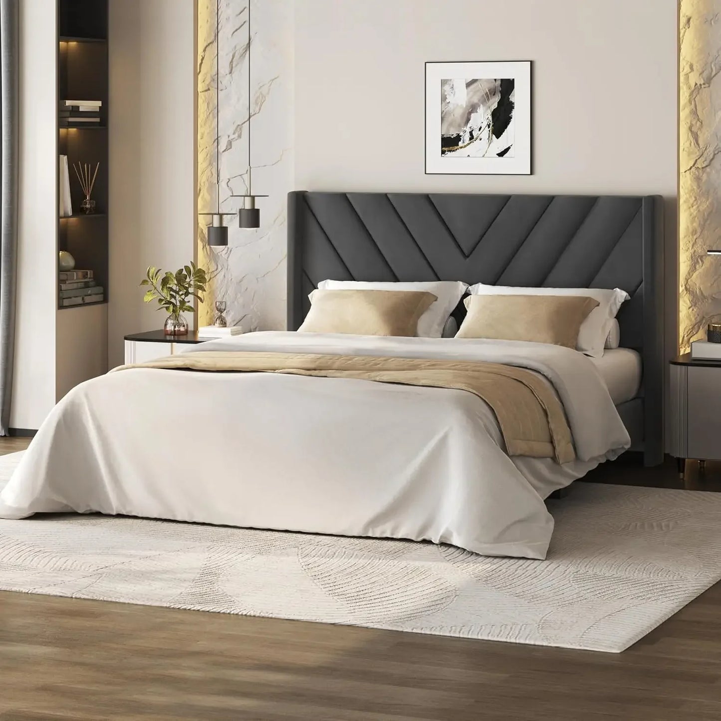 Bed Frame Upholstered Platform Bed with Wing Side/Wooden Slat Support/Tufted Headboard with Wing Side/Mattress Foundation