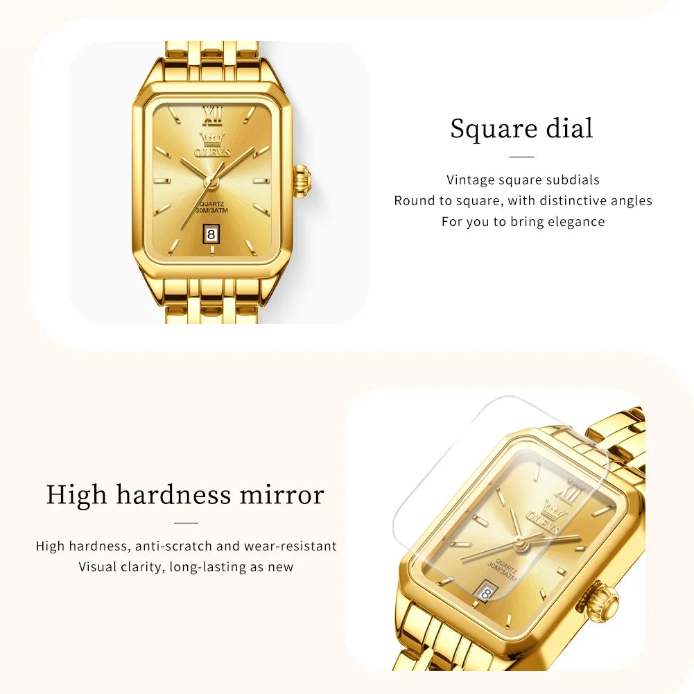 OLEVS Original Women's Wacthes Waterproof Stainless steel Calendar New Ladies Watches High Quality Square Dial Wristwatch Set