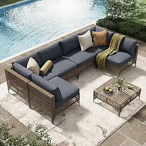 U-MAX 7 Piece Outdoor Patio Furniture Set, PE Rattan Outdoor Wicker Sectional Furniture Chair Set with Cushions and Tea Table, B