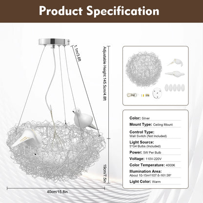 Modern Bird Nest Chandelier LED Ceiling Light 25W 4000K Aluminum Silver for Living Room Dining Room Bedroom Lighting