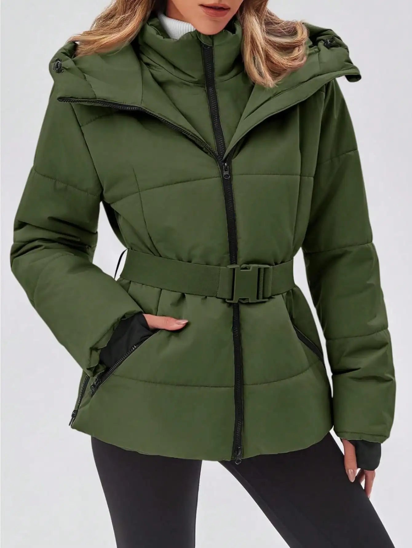 Fisoew women's Belted Puffer Jacket, Women's Waterproof Ski Coat With Hood, Quilted Winter Snowsuit Aesthetic