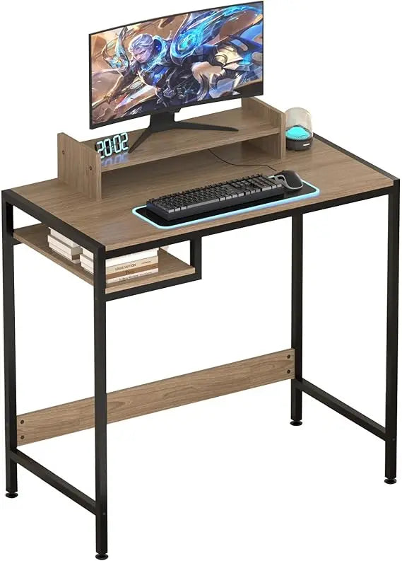Gaming/Computer Desk - 47” Home Office Small Desk with Monitor Stand, Rustic Writing Desk for 2 Monitors, Adjustable Storage Spa