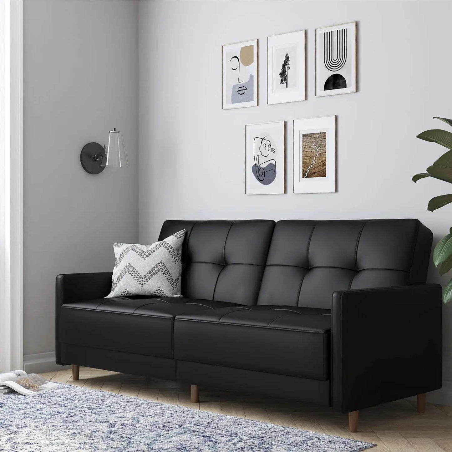Andora 76 Inch Futon Sofa Bed, Modern Upholstered Couch Sleeper with Button Tufted Back and Seat, Dark Gray