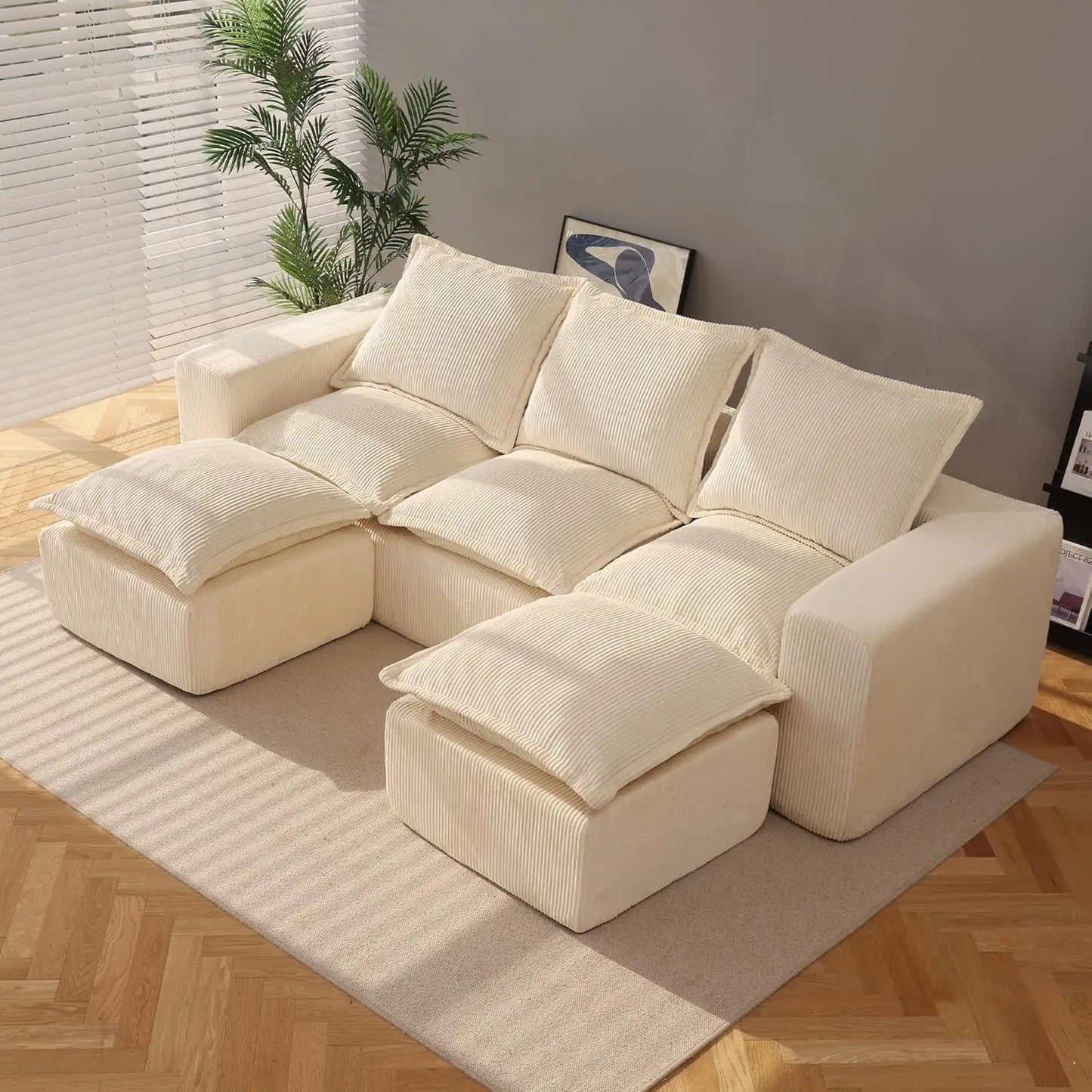 107" Boneless Comfortable Couch with Chaise, U Shaped Modular Sectional Couches for Living Room, Black Corduroy, Customized
