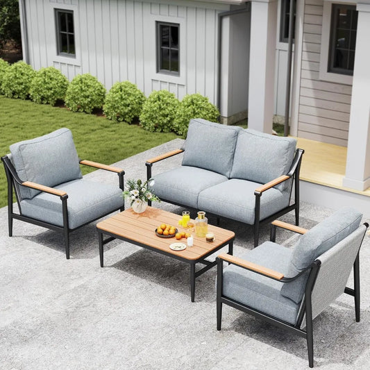 Outdoor Sofa Conversation Set for 4, 4-Seat Couch with Table, Metal Frame and Rope Woven Design, UV-Resistant and Waterproof