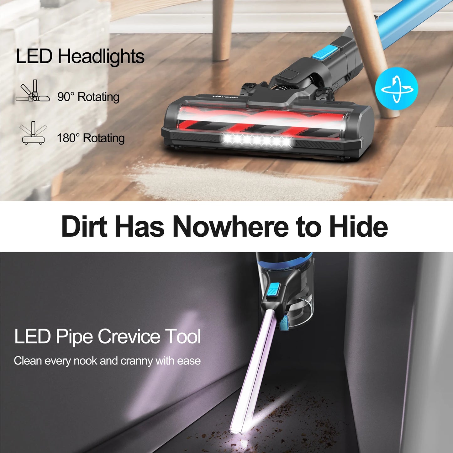 Devoac S11 Smart Cordless Vacuum Cleaner, 28Kpa 350W Brushless Stick Vacuum, Removable Battery,Free-Standing Design