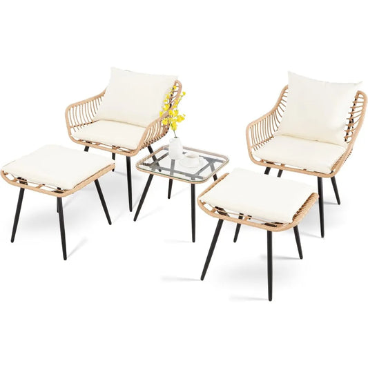 5 Piece Patio Bistro Set with Ottoman, Outdoor Wicker Apartment Balcony Furniture Sets, Rattan Table and Chairs Set of 2
