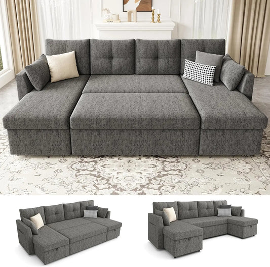 Oversized Sleeper Sofa Couch, 110 inch 2 in 1 Pullout Couch Bed with Double Storage Chaise, Sectional Sleeper Sofa Bed with Side