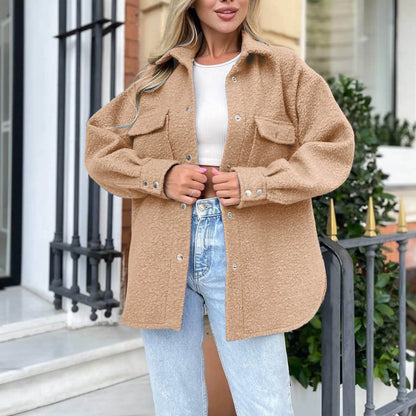 Womens Fleece Shirt Jacket Oversized Button Down Long Shacket Jacket With Pockets Zip Up Womens Solid Color Warm Sweatshirt