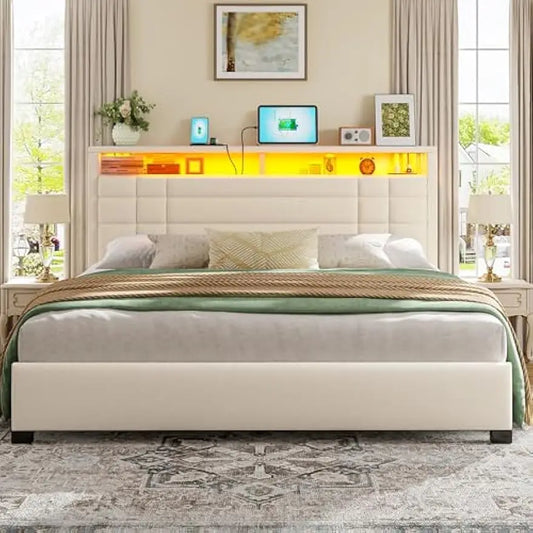 NEW King Size Bed Frame with 2-Tier Storage Headboard,King Bed Frame with Metal Slats, Noise Free, Beige