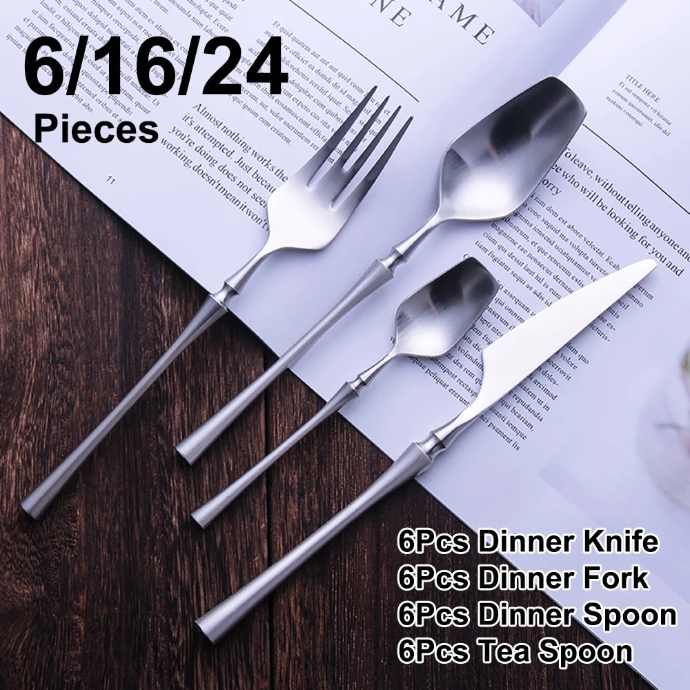 6/16/24Pcs Sliver Tableware Stainless Steel 304 Cutlery Matte Dinner Set Western Fork Spoon Mirror Flatware Dishwasher Safe