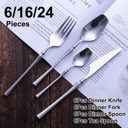 6/16/24Pcs Sliver Tableware Stainless Steel 304 Cutlery Matte Dinner Set Western Fork Spoon Mirror Flatware Dishwasher Safe