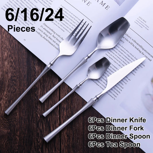 6/16/24Pcs Sliver Tableware Stainless Steel 304 Cutlery Matte Dinner Set Western Fork Spoon Mirror Flatware Dishwasher Safe