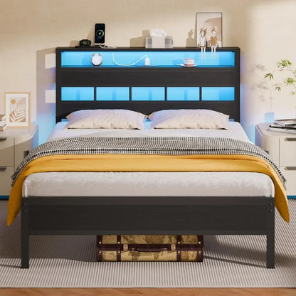 Bed Frame with LED Light and Charging Station, Wood Storage Headboard with 2-Tier Shelves, Metal Platform Bed with Heavy Duty