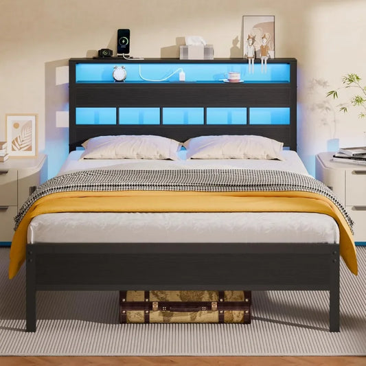 Bed Frame with LED Light and Charging Station, Wood Storage Headboard with 2-Tier Shelves, Metal Platform Bed with Heavy Duty
